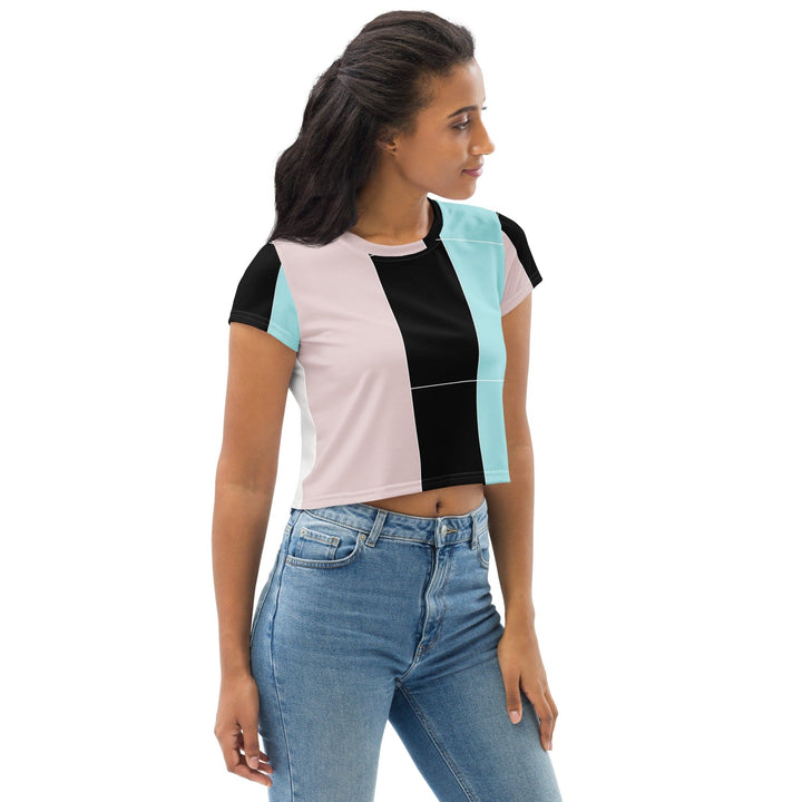 Womens Stretch Fit Crop Tee T-shirt - Pastel Pink Black Blue Colorblock Lines