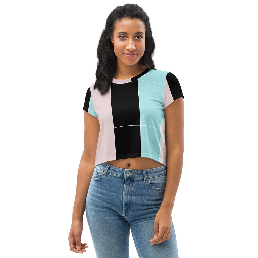 Womens Stretch Fit Crop Tee T-shirt - Pastel Pink Black Blue Colorblock Lines