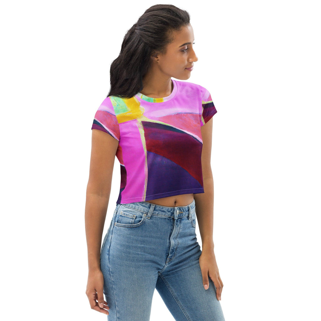 Womens Stretch Fit Crop Tee T-shirt - Pink and Purple Pattern