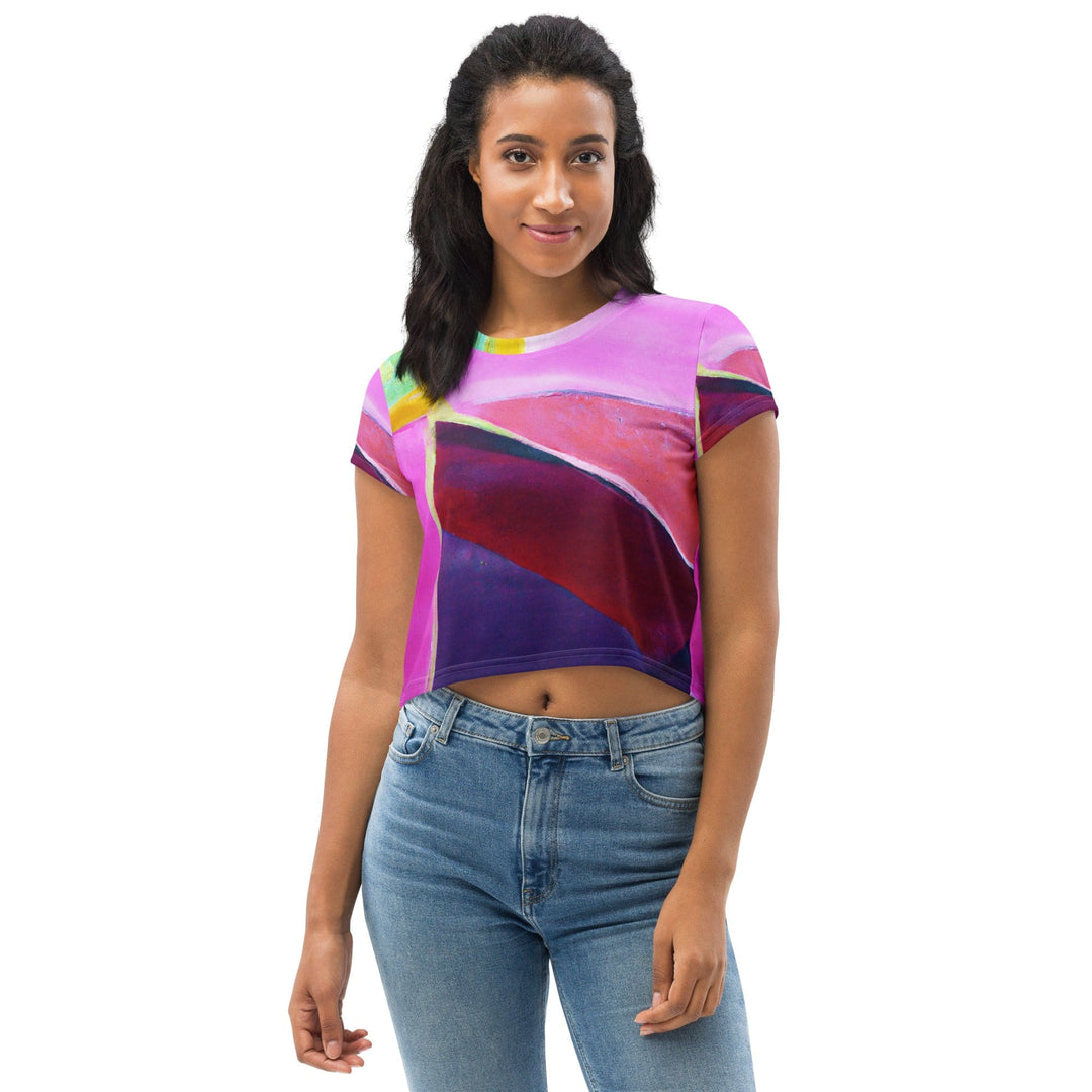 Womens Stretch Fit Crop Tee T-shirt - Pink and Purple Pattern