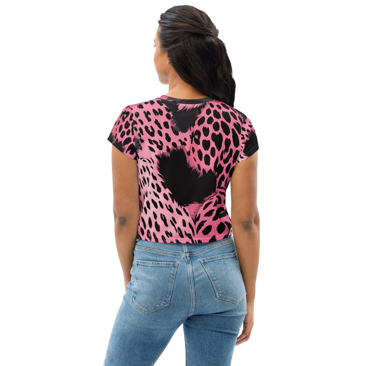 Womens Stretch Fit Crop Tee T-shirt - Pink Black Spotted Print