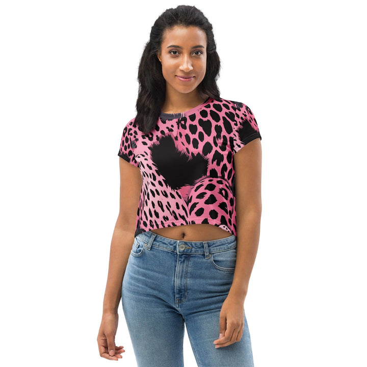 Womens Stretch Fit Crop Tee T-shirt - Pink Black Spotted Print