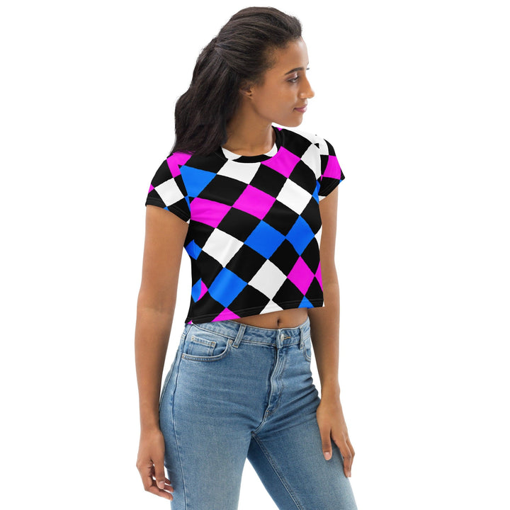 Womens Stretch Fit Crop Tee T-shirt - Pink Blue Checkered Pattern