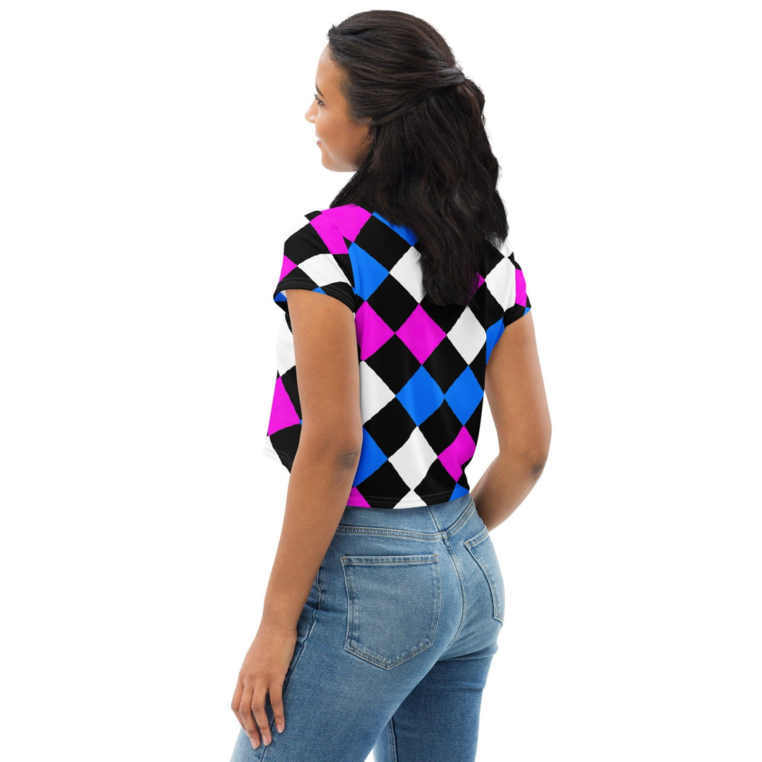 Womens Stretch Fit Crop Tee T-shirt - Pink Blue Checkered Pattern