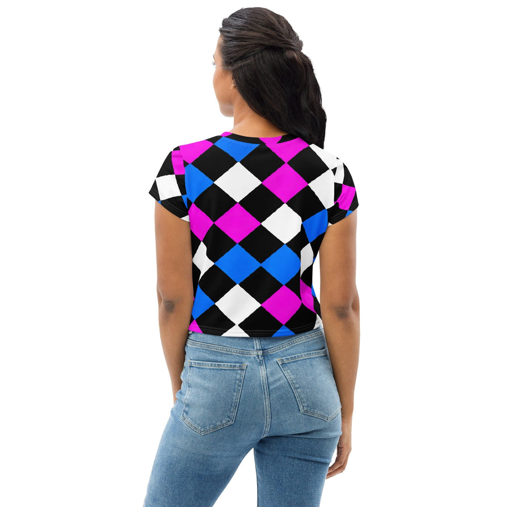 Womens Stretch Fit Crop Tee T-shirt - Pink Blue Checkered Pattern