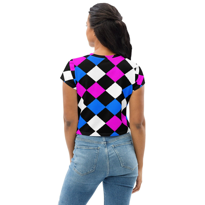 Womens Stretch Fit Crop Tee T-shirt - Pink Blue Checkered Pattern