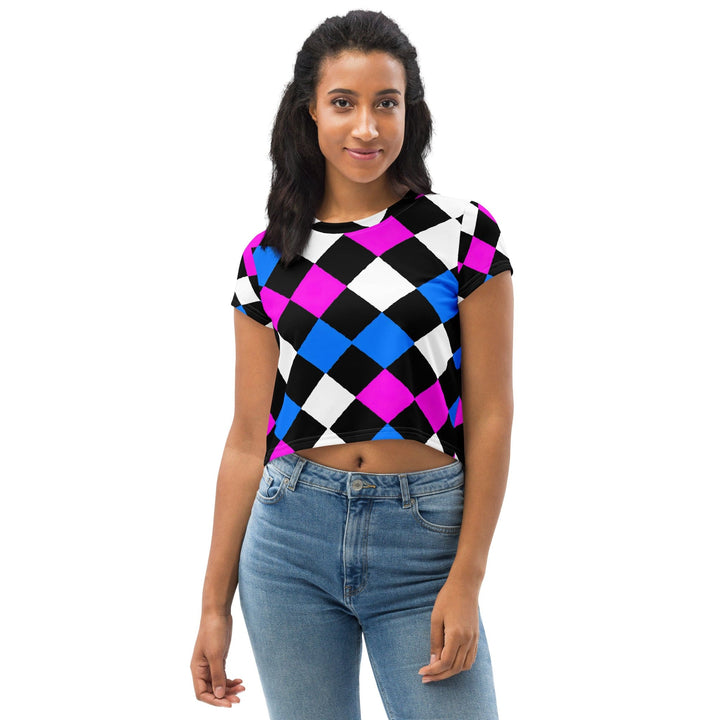 Womens Stretch Fit Crop Tee T-shirt - Pink Blue Checkered Pattern