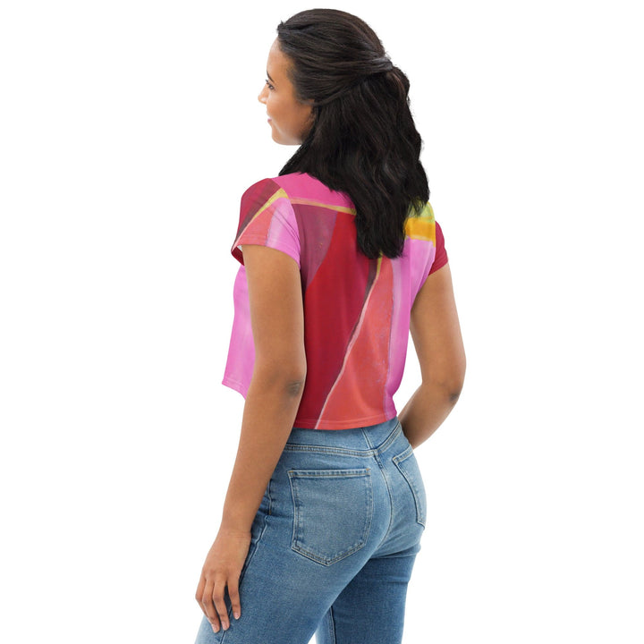 Womens Stretch Fit Crop Tee T-shirt - Pink Mauve Red Geometric Pattern