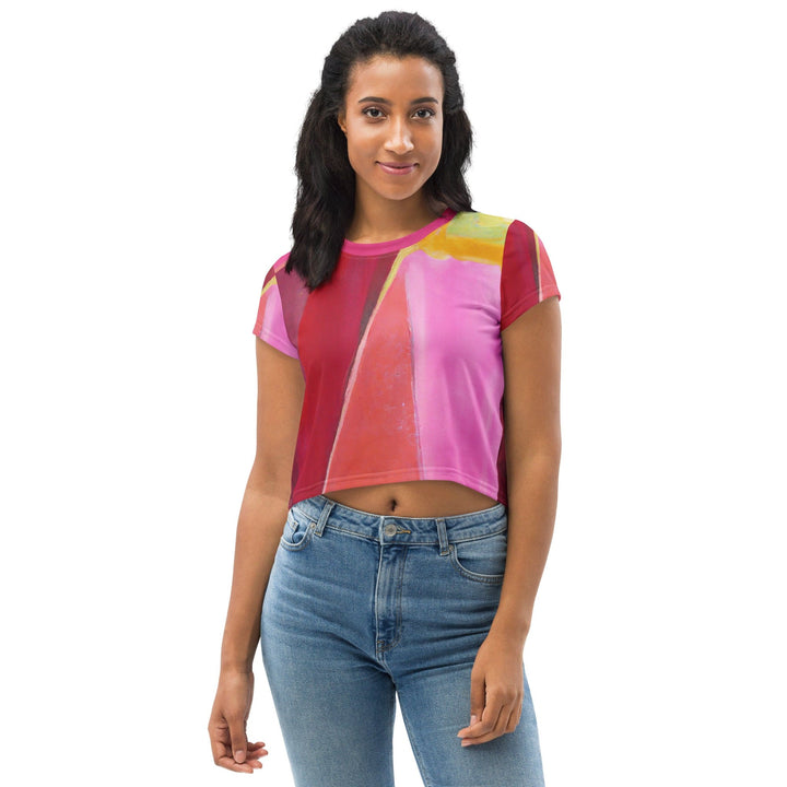 Womens Stretch Fit Crop Tee T-shirt - Pink Mauve Red Geometric Pattern