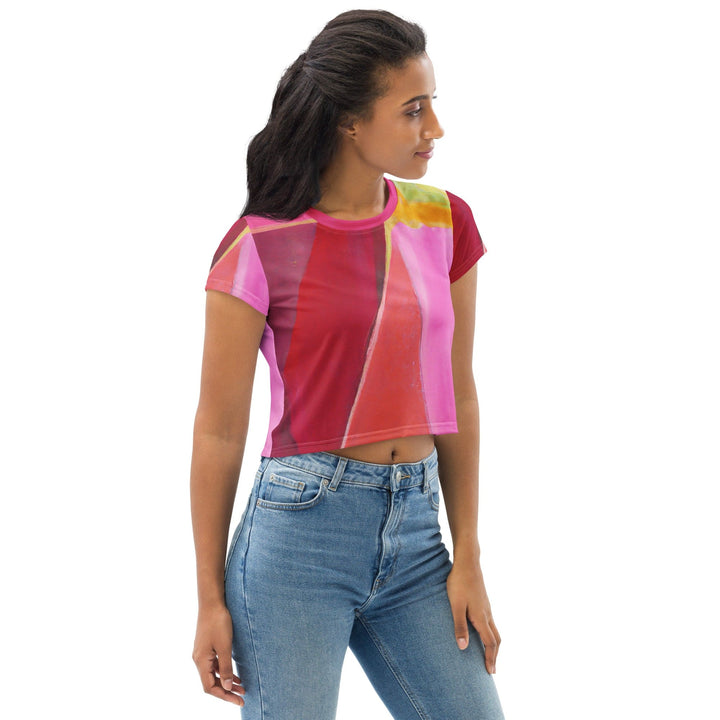 Womens Stretch Fit Crop Tee T-shirt - Pink Mauve Red Geometric Pattern