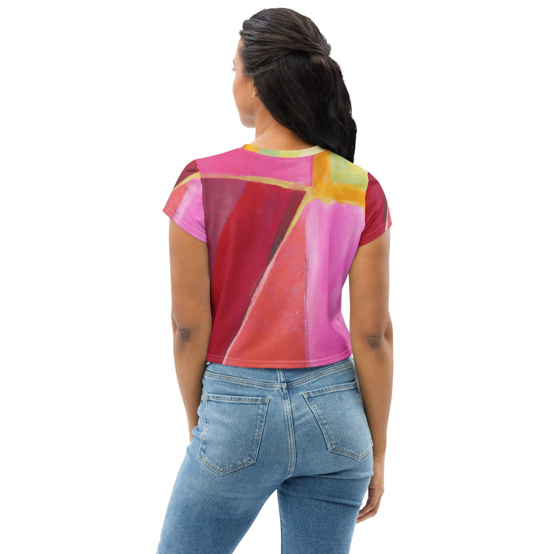 Womens Stretch Fit Crop Tee T-shirt - Pink Mauve Red Geometric Pattern