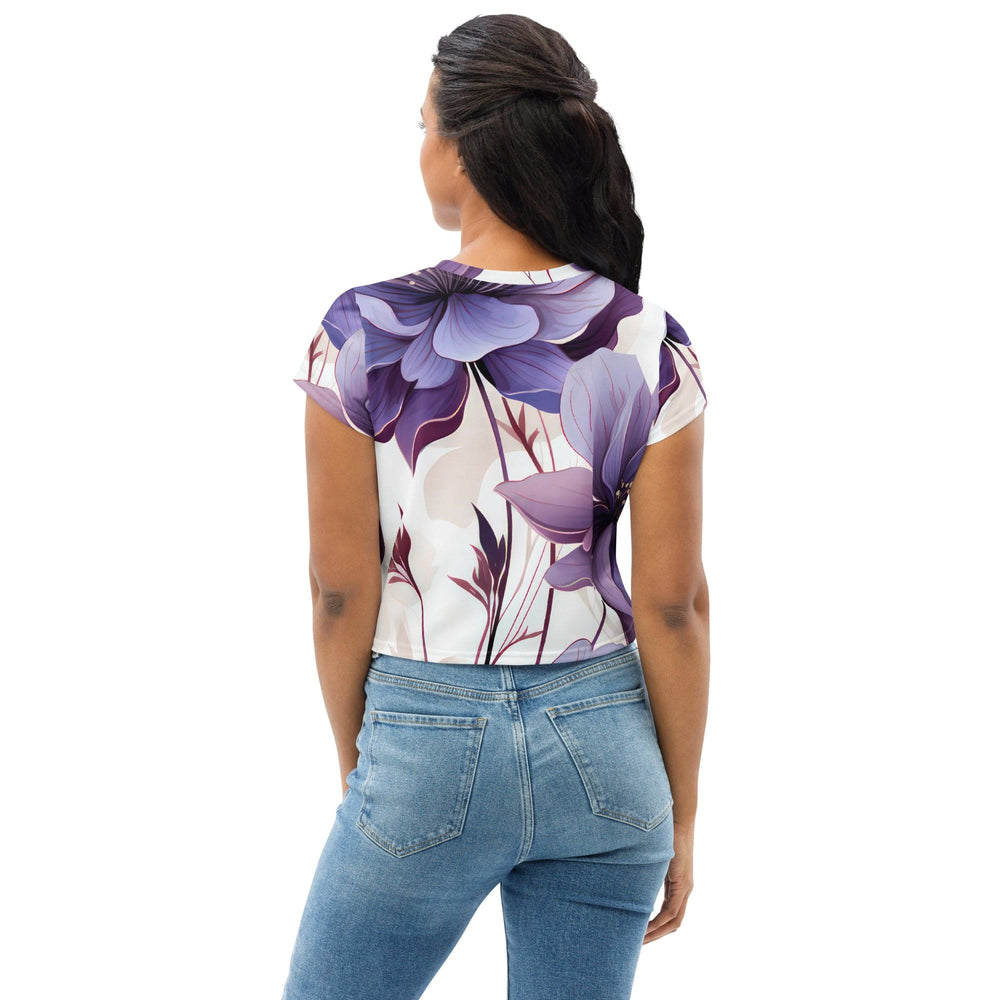 Womens Stretch Fit Crop Tee T-shirt - Purple Botanical Blooms