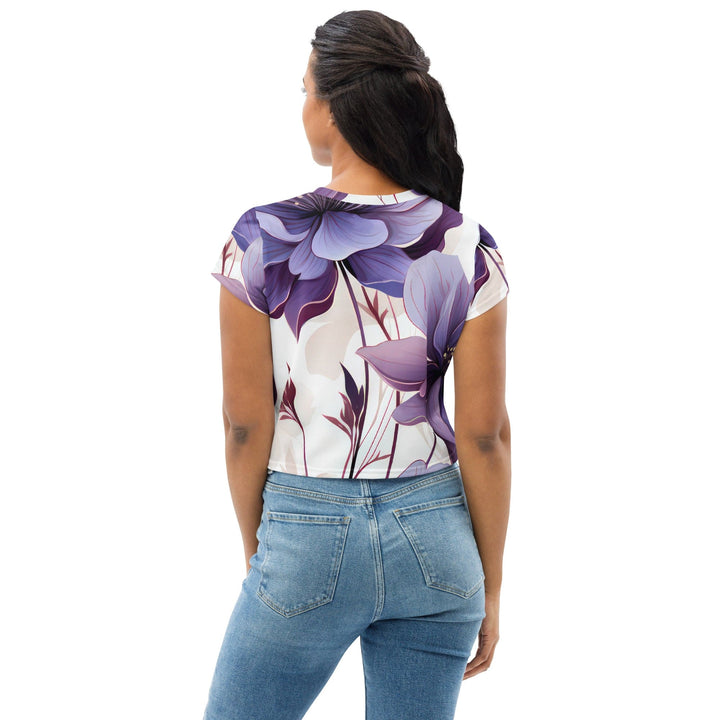 Womens Stretch Fit Crop Tee T-shirt - Purple Botanical Blooms