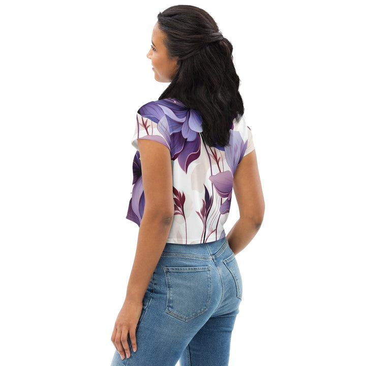 Womens Stretch Fit Crop Tee T-shirt - Purple Botanical Blooms