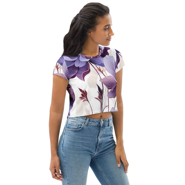 Womens Stretch Fit Crop Tee T-shirt - Purple Botanical Blooms