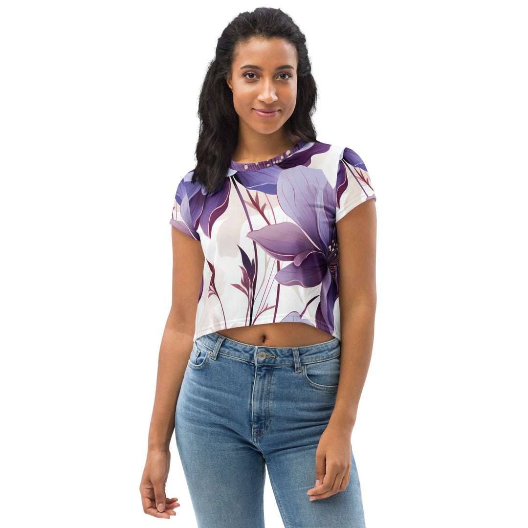 Womens Stretch Fit Crop Tee T-shirt - Purple Botanical Blooms