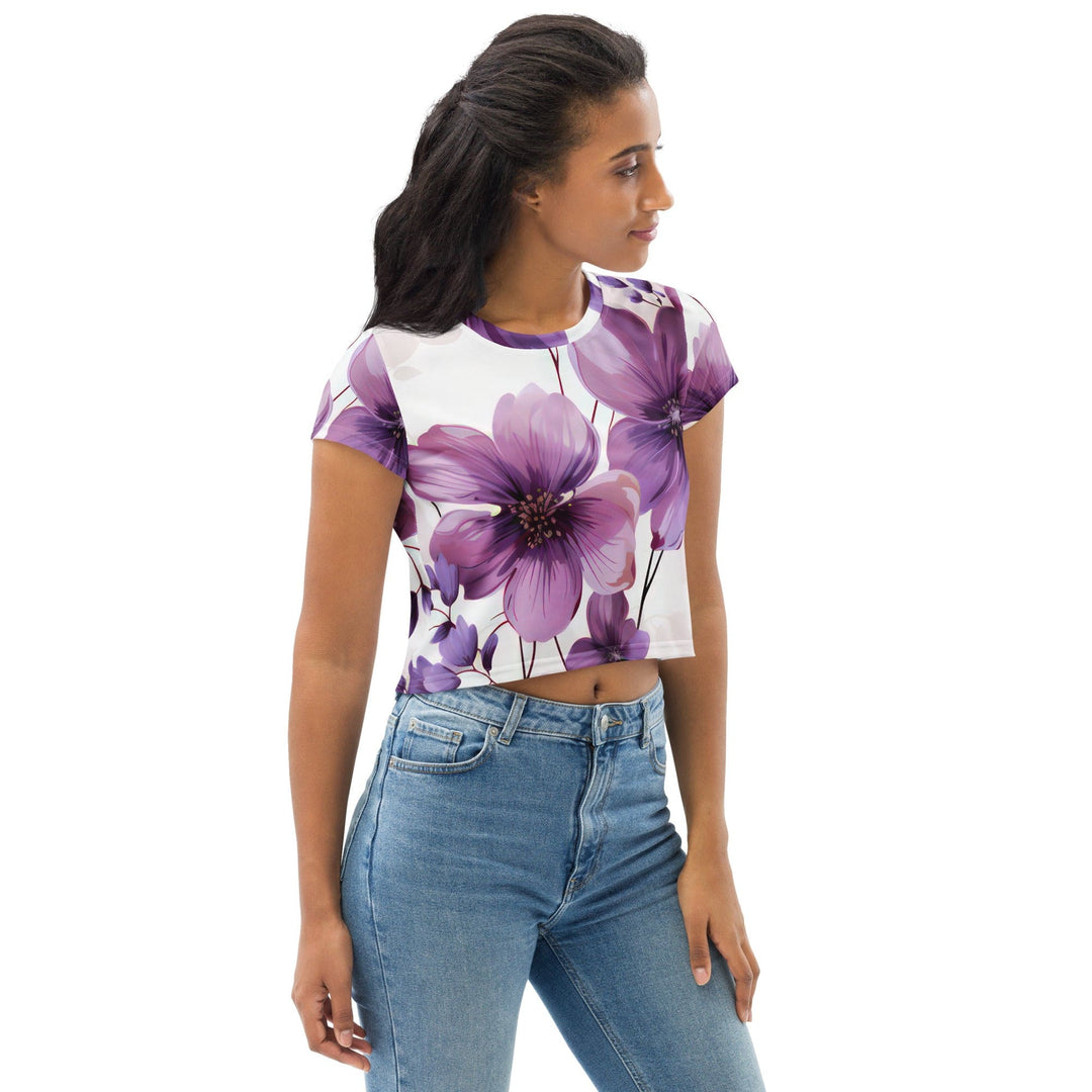 Womens Stretch Fit Crop Tee T-shirt - Purple Botanical Blooms 3