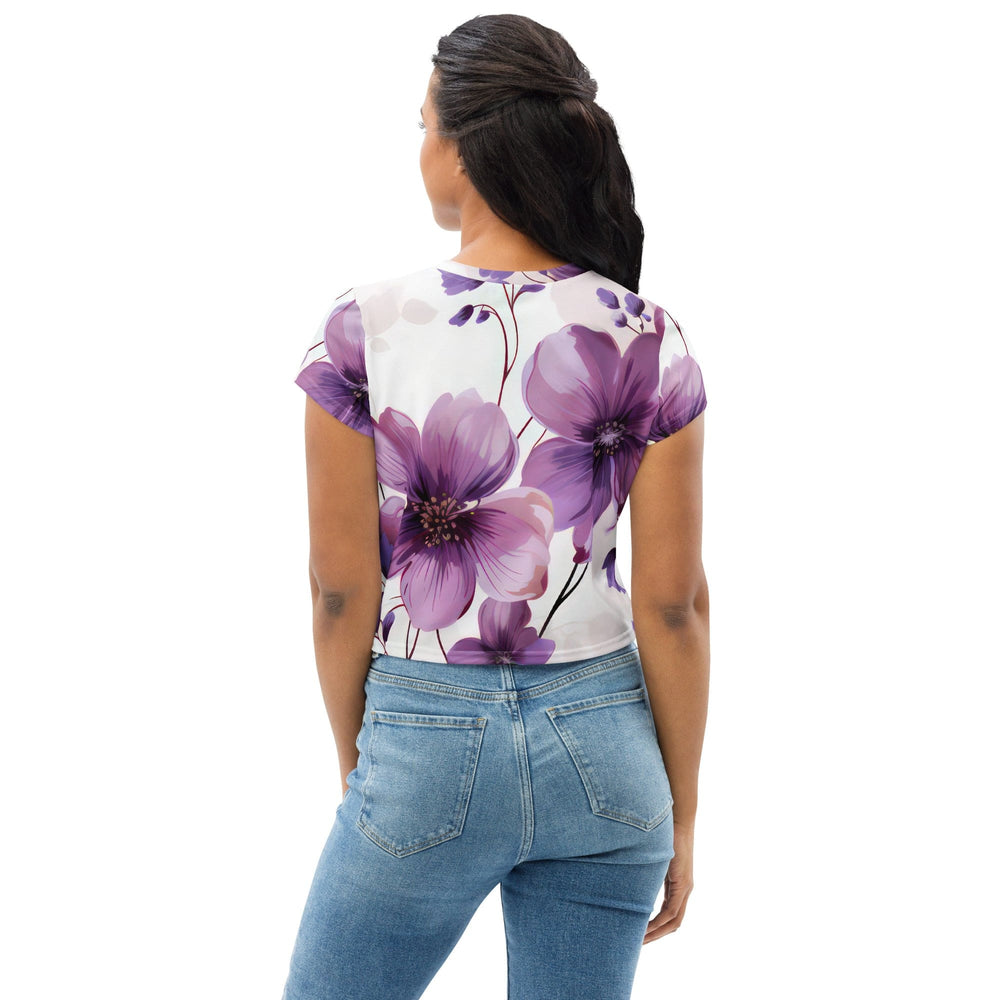 Womens Stretch Fit Crop Tee T-shirt - Purple Botanical Blooms 3
