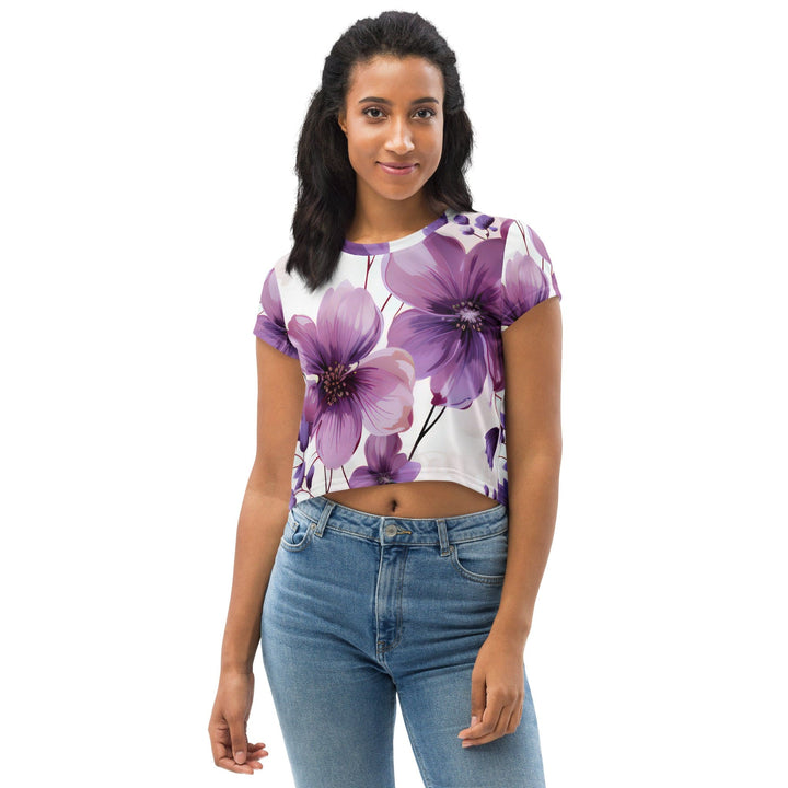 Womens Stretch Fit Crop Tee T-shirt - Purple Botanical Blooms 3