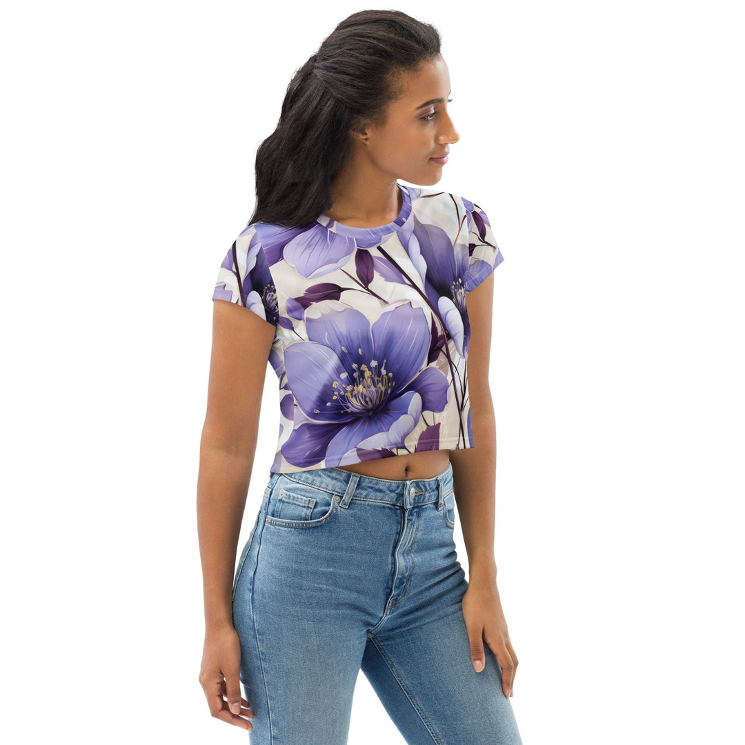 Womens Stretch Fit Crop Tee T-shirt - Purple Botanical Blooms