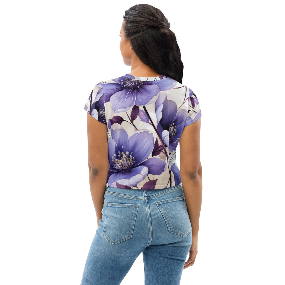 Womens Stretch Fit Crop Tee T-shirt - Purple Botanical Blooms