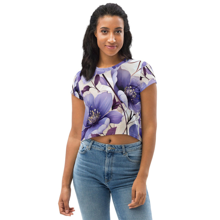 Womens Stretch Fit Crop Tee T-shirt - Purple Botanical Blooms