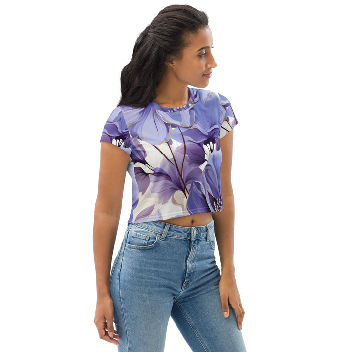 Womens Stretch Fit Crop Tee T-shirt - Purple Botanical Blooms