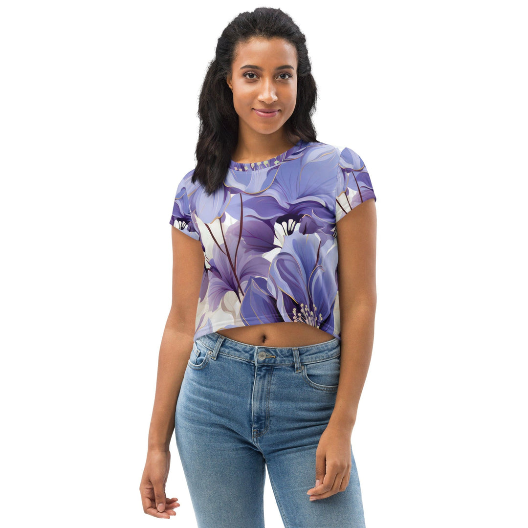 Womens Stretch Fit Crop Tee T-shirt - Purple Botanical Blooms