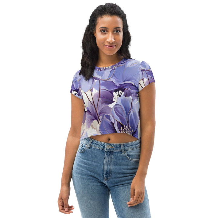 Womens Stretch Fit Crop Tee T-shirt - Purple Botanical Blooms