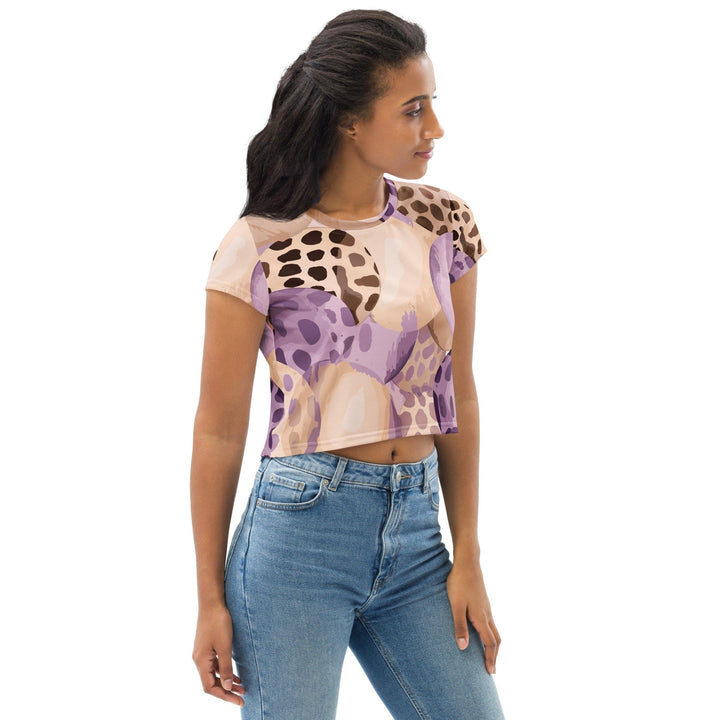 Womens Stretch Fit Crop Tee T-shirt - Purple Lavender Spotted Print