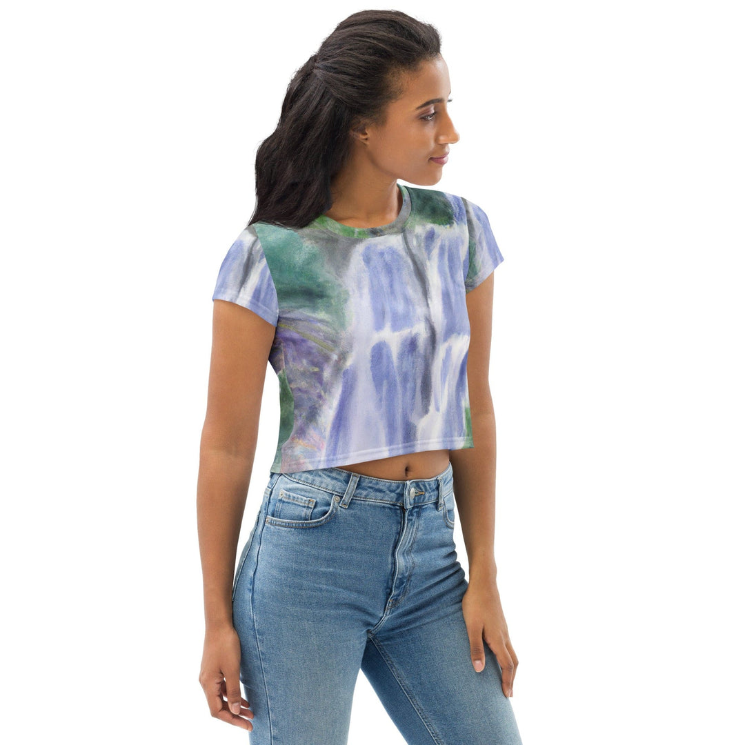 Womens Stretch Fit Crop Tee T-shirt - Purple Watercolor Waterfall Green