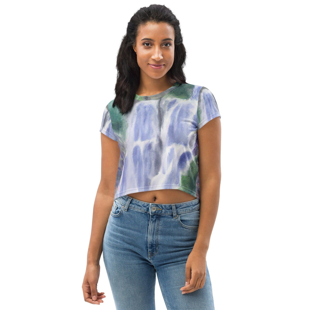 Womens Stretch Fit Crop Tee T-shirt - Purple Watercolor Waterfall Green