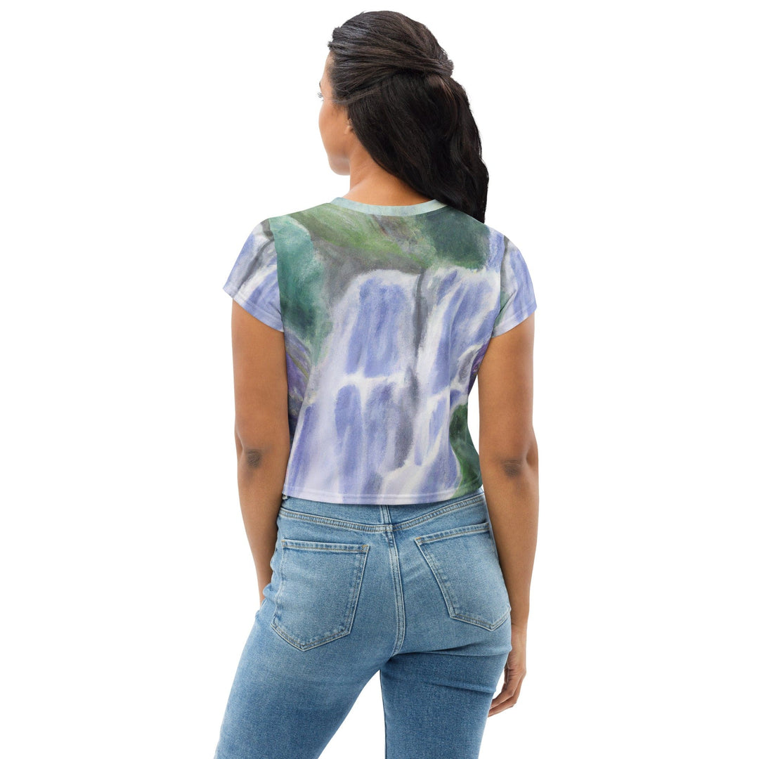 Womens Stretch Fit Crop Tee T-shirt - Purple Watercolor Waterfall Green