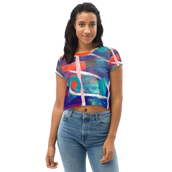 Womens Stretch Fit Crop Tee T-shirt - Red Blue Multicolor Abstract Print