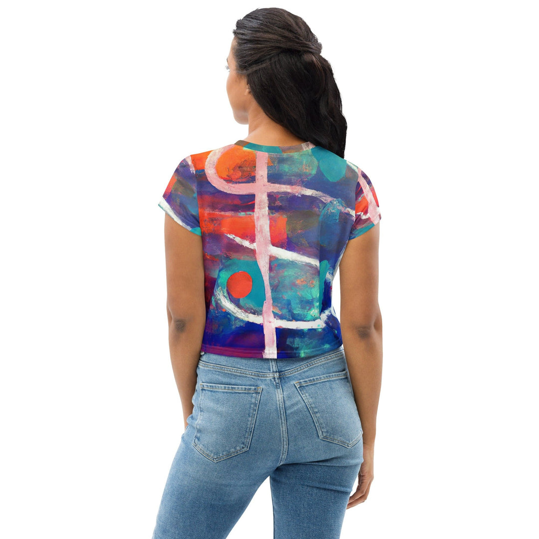 Womens Stretch Fit Crop Tee T-shirt - Red Blue Multicolor Abstract Print