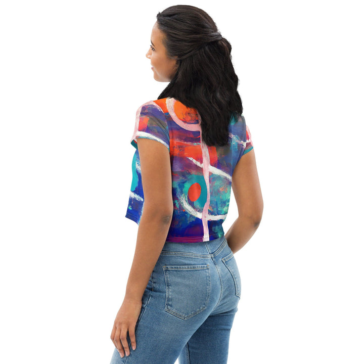 Womens Stretch Fit Crop Tee T-shirt - Red Blue Multicolor Abstract Print
