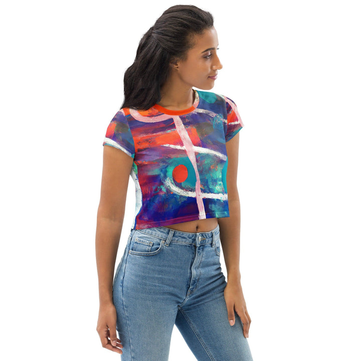 Womens Stretch Fit Crop Tee T-shirt - Red Blue Multicolor Abstract Print