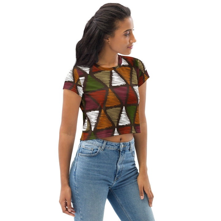 Womens Stretch Fit Crop Tee T-shirt - Red Green Geometric Lines