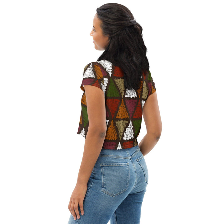 Womens Stretch Fit Crop Tee T-shirt - Red Green Geometric Lines