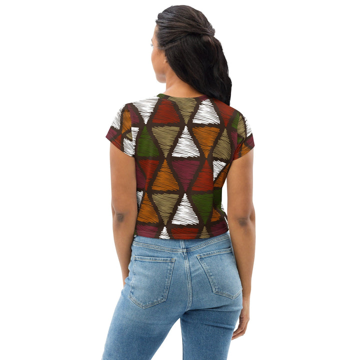 Womens Stretch Fit Crop Tee T-shirt - Red Green Geometric Lines