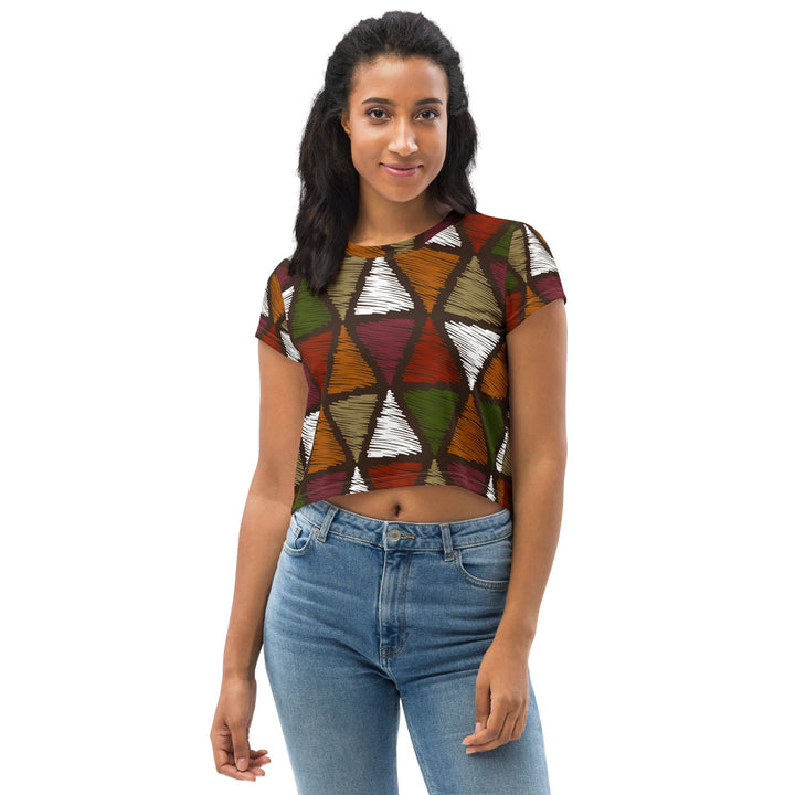 Womens Stretch Fit Crop Tee T-shirt - Red Green Geometric Lines