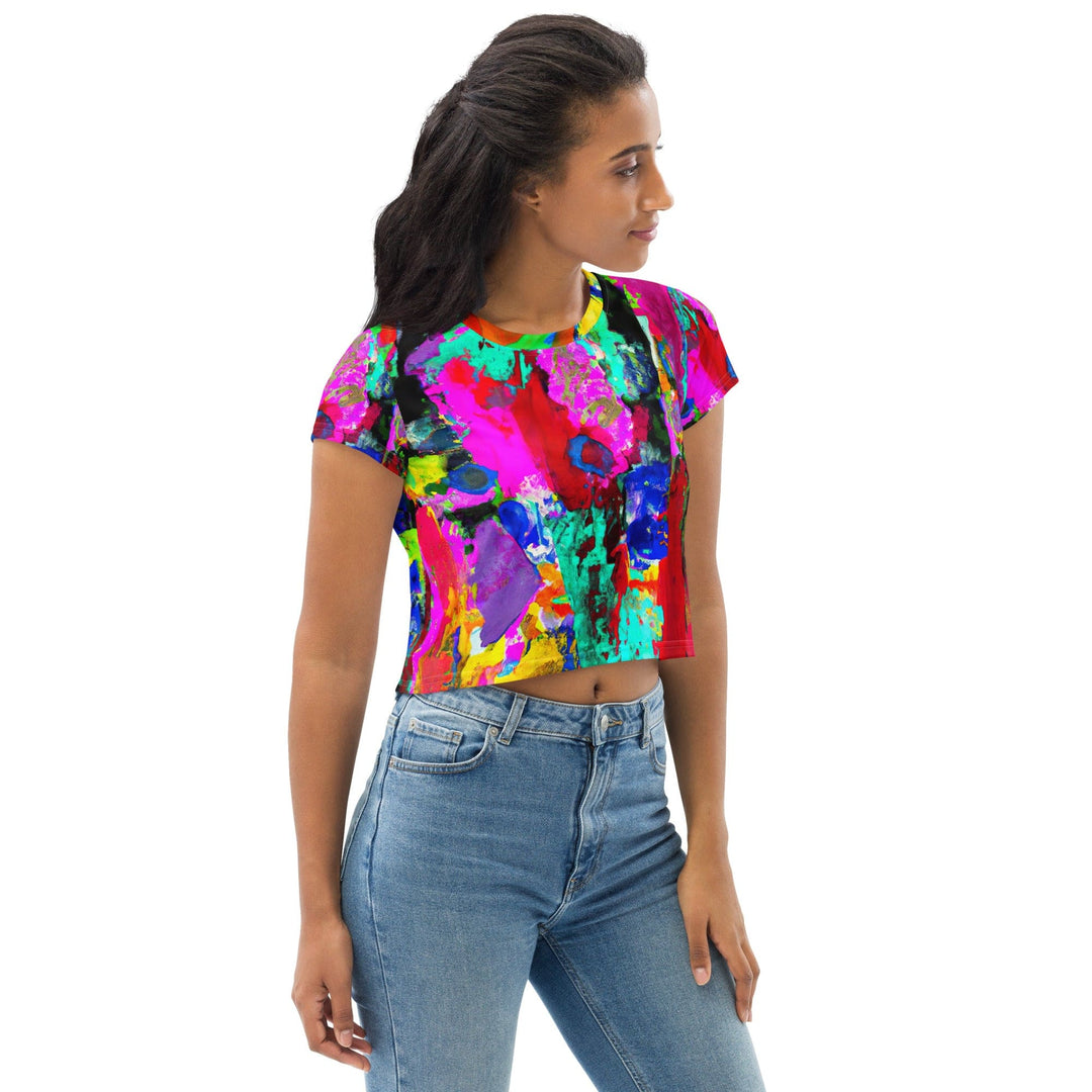 Womens Stretch Fit Crop Tee T-shirt - Red Multicolor Abstract Print