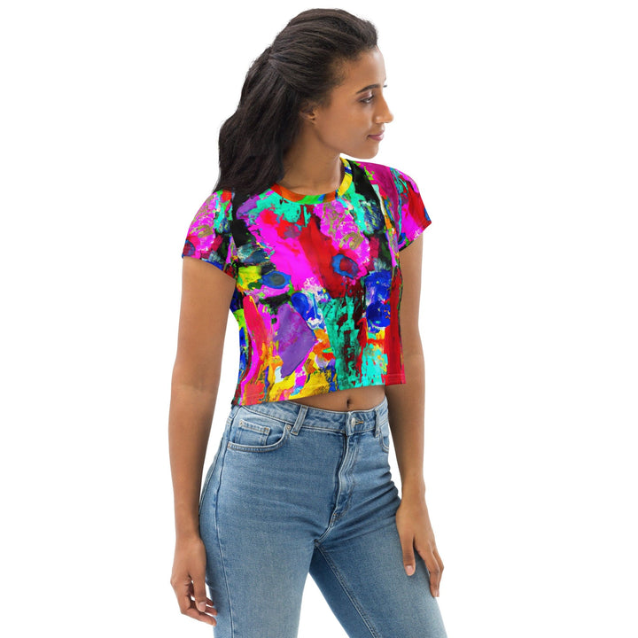 Womens Stretch Fit Crop Tee T-shirt - Red Multicolor Abstract Print