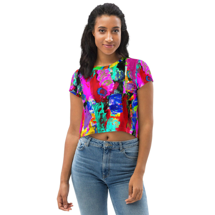 Womens Stretch Fit Crop Tee T-shirt - Red Multicolor Abstract Print