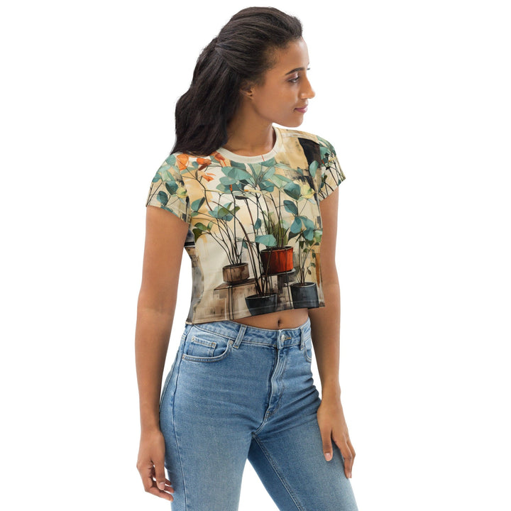 Womens Stretch Fit Crop Tee T-shirt - Rustic Botanical Plants
