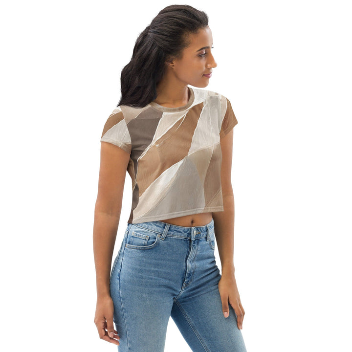 Womens Stretch Fit Crop Tee T-shirt - Rustic Brown Stone Print