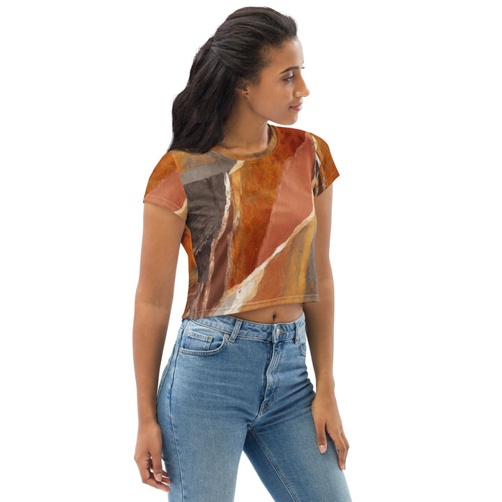 Womens Stretch Fit Crop Tee T-shirt - Rustic Brown Stone Print