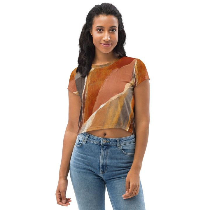 Womens Stretch Fit Crop Tee T-shirt - Rustic Brown Stone Print