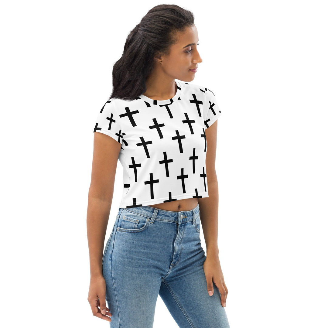 Womens Stretch Fit Crop Tee T-shirt - White Black Cross Print