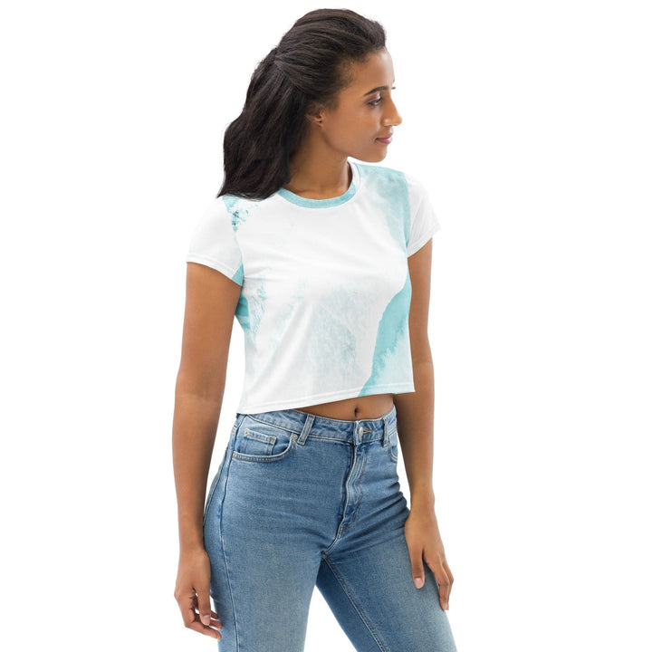 Womens Stretch Fit Crop Tee T-shirt - Subtle Abstract Ocean Blue and White